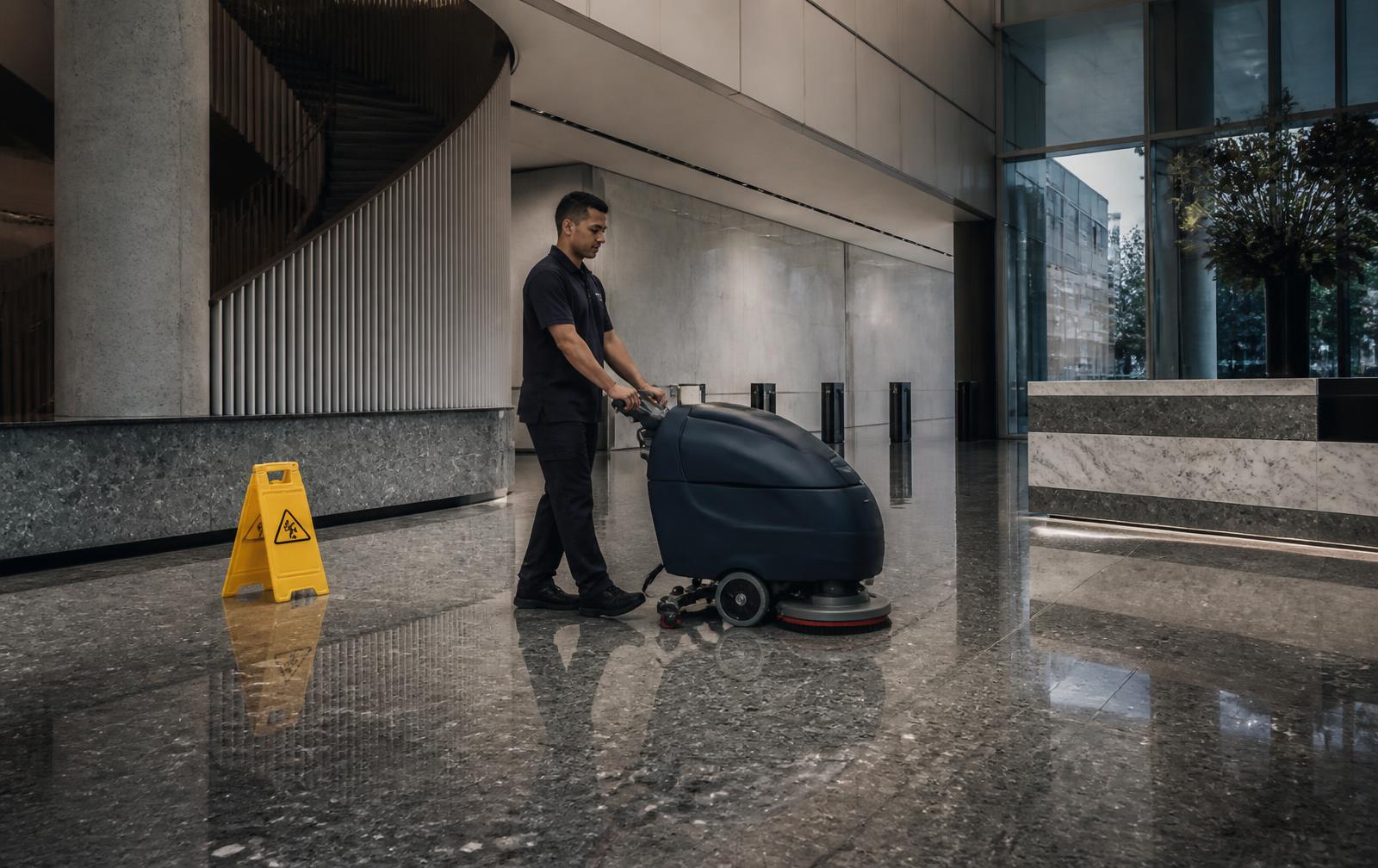 Commercial cleaner operating a floor scrubber in a large contemporary lobby