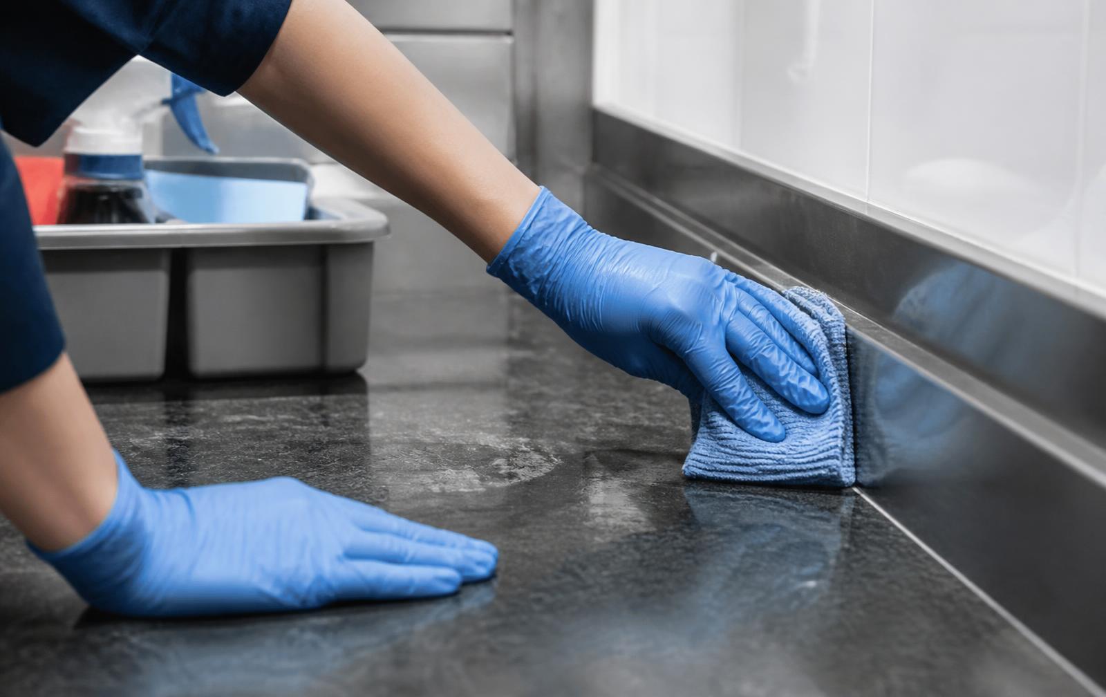 Gloved hands detail-cleaning a commercial stone benchtop and splashback