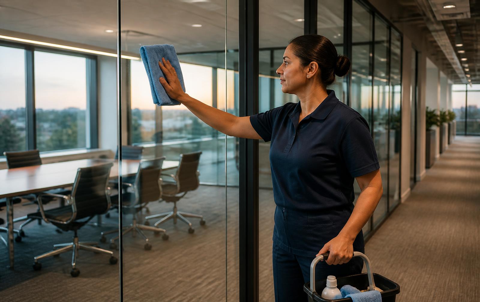 Commercial cleaner caring for a glass meeting-room partition in a contemporary office
