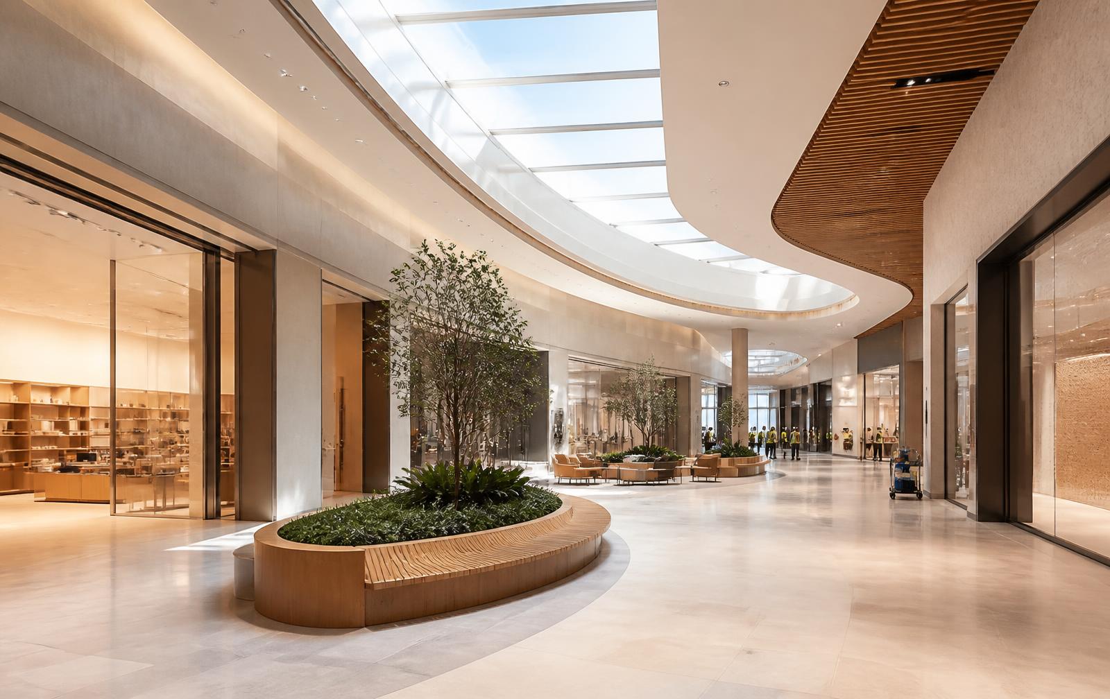 Contemporary shopping-centre concourse prepared before opening