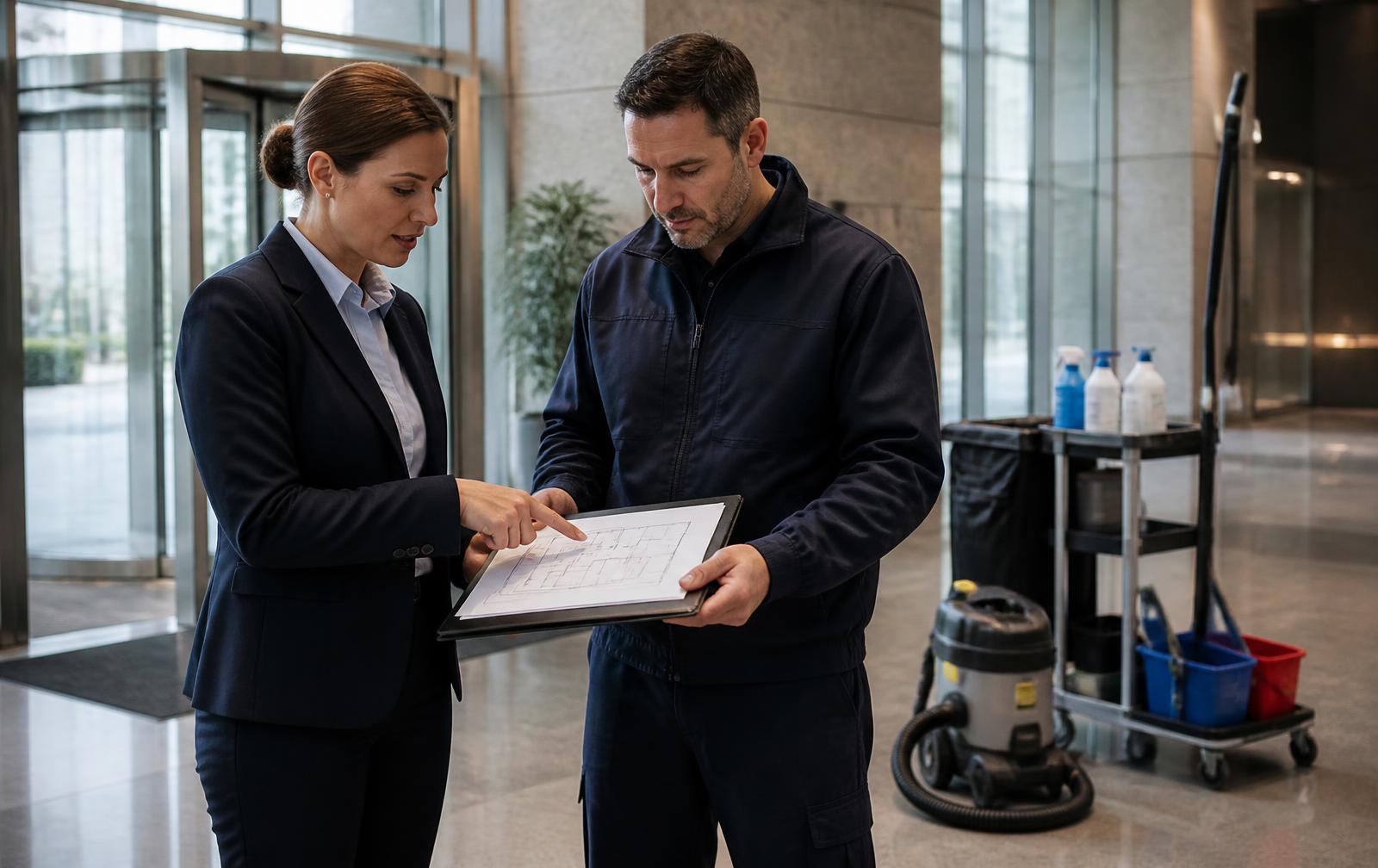 Facilities representative and cleaning supervisor reviewing a site floor plan