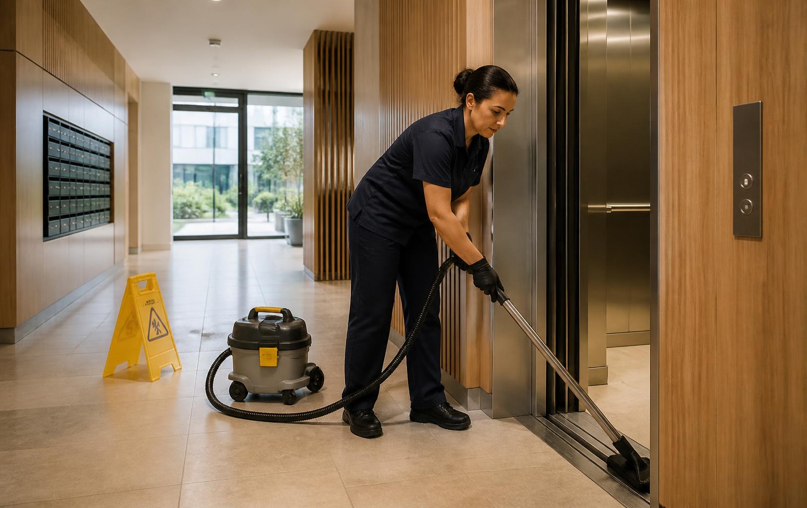 Cleaner vacuuming a lift threshold in a contemporary apartment-building lobby